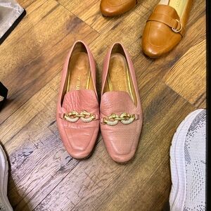 Tory Burch Mauve Pink Leather Chain-Trim Loafers